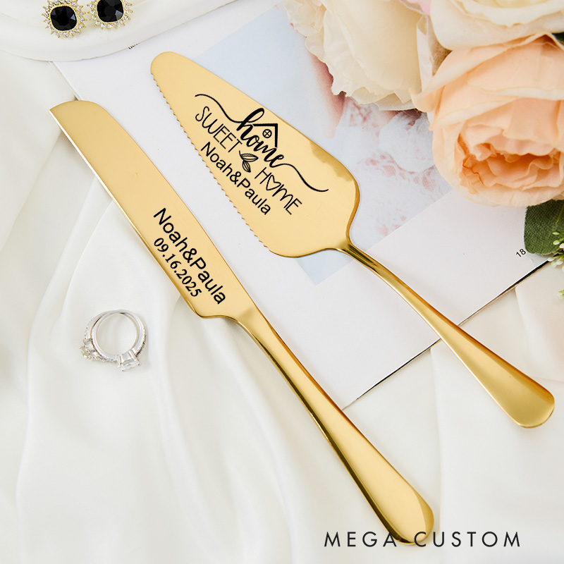 Personalized Cake Knife and Server Set Home Sweet Home Design Custom Housewarming Gift New Home Dining Accessories Unique Engraved Theme for Couples