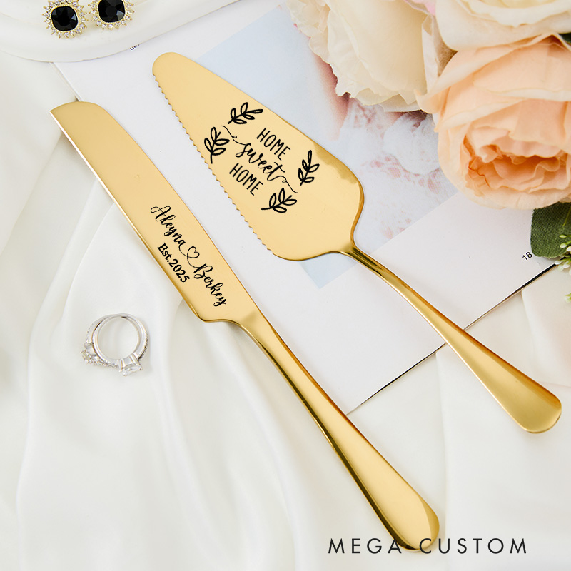Personalized Cake Knife and Server Set Home Sweet Home Design Custom Housewarming Gift New Home Dining Accessories