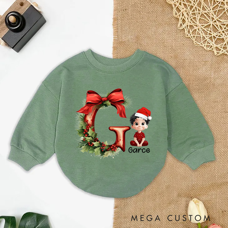 Personalized Cartoon Character Holly Bow Initial Bodysuit with Name Christmas Party Gifts for Baby