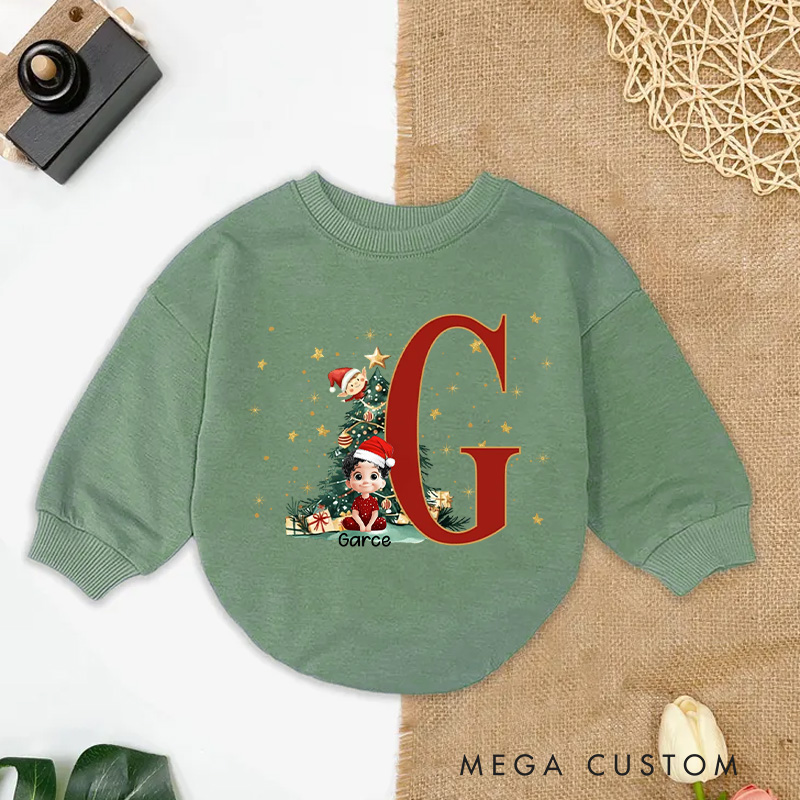 Personalized Cartoon Character Holly Bow Initial Bodysuit with Name Christmas Party Gift for Baby