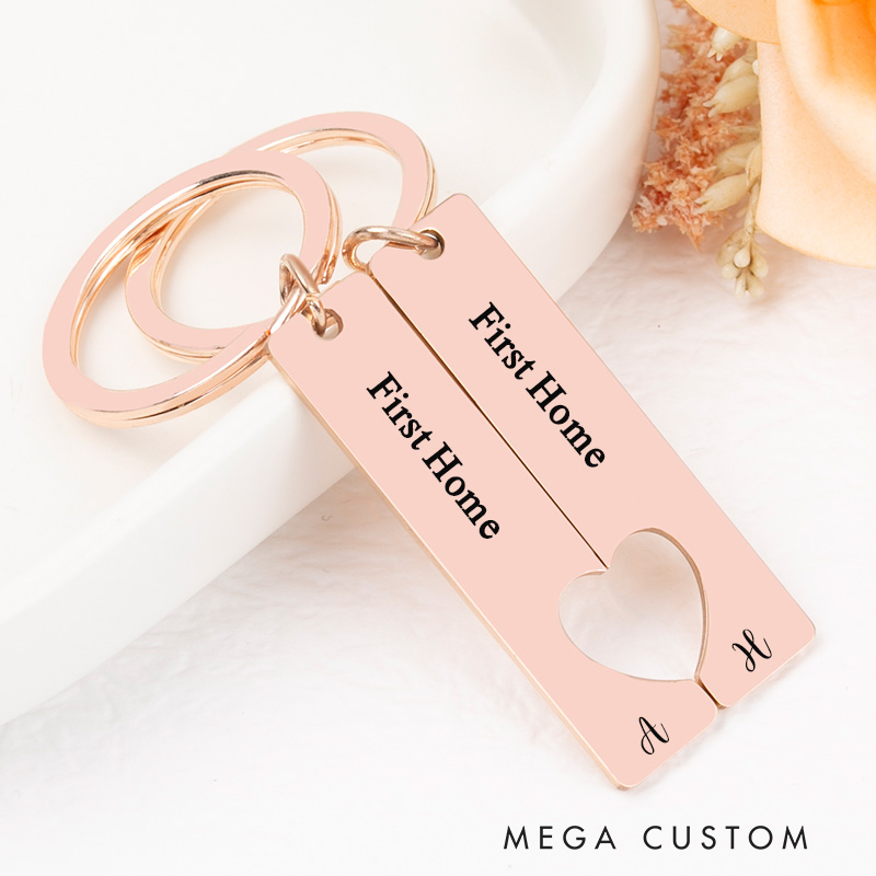 Personalized First Home Keychain Set Custom Housewarming Gift Engraved Initials Heart Design Key Ring Unique New Home Keepsake for Couples Moving Gift