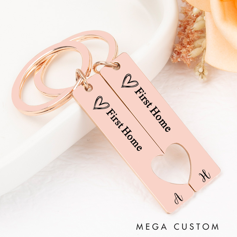Personalized First Home Keychain Set Custom Housewarming Gift Engraved Heart Design Initials Key Ring Unique New Home Keepsake for Couples Moving Gift