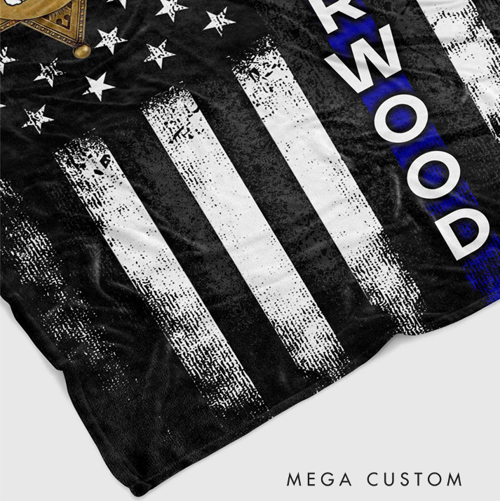 Personalized Police Blanket with Sheriff Badge and Thin Blue Line American Flag Design Gift for Police Officer