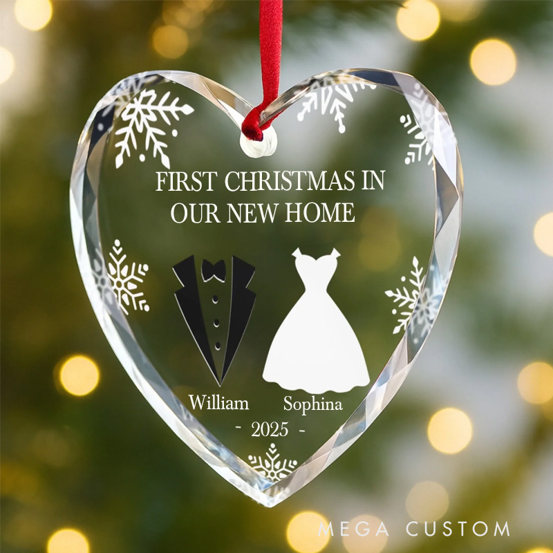Personalized Heart Round Glass Ornament Custom Anniversary Christmas Wedding Gift for Husband and Wife Him and Her Our First Christmas in Our New Home