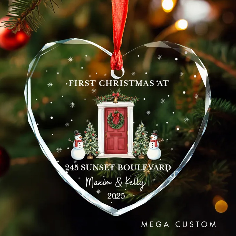 Personalized First Christmas at New Home Ornament Custom Address and Names 2025 Christmas Decoration with Festive Door Snowmen and Tree Design