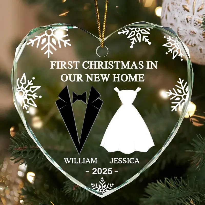 Personalized First Christmas As Married Couples Custom Heart Shaped Glass Ornament