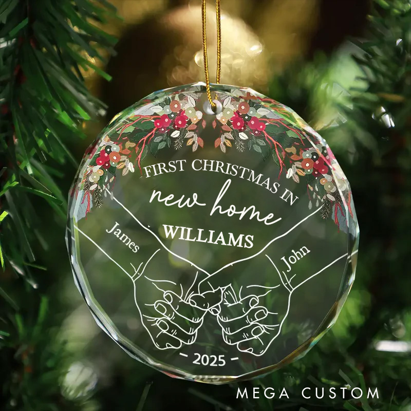 Personalized Holding Hands First Christmas Couple Custom Circle Glass Ornament