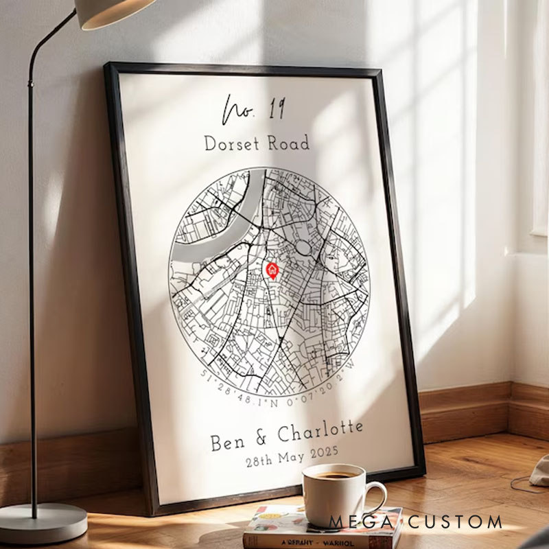 Personalised New Home Map Print and Frames House Shape Decor OS Location Housewarming Gift Custom Moving Present Art Poster Street Address