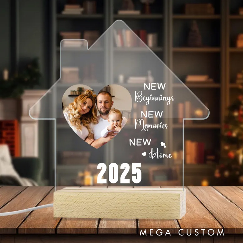 Personalized New Beginnings House-Shaped LED Night Light with Photo Year and Wooden Base Housewarming Gift for Family