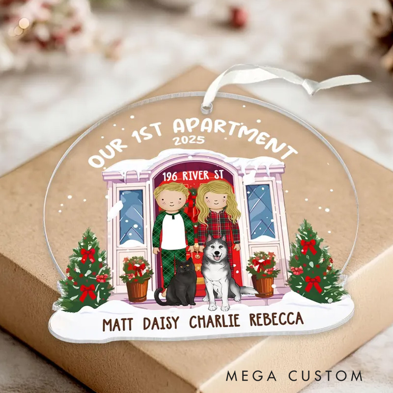 Personalized Our First Apartment Ornament Custom New Home Ornament Couple With Pet Christmas Ornament Our First Home Gift Newlywed Gift