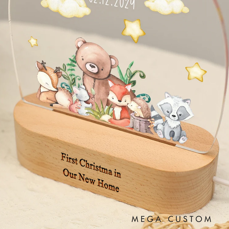 Personalized First Christmas in Our New Home LED Night Light Custom Forest Animal Design with Name and Date Perfect for Housewarming Gift Home Decor Keepsake