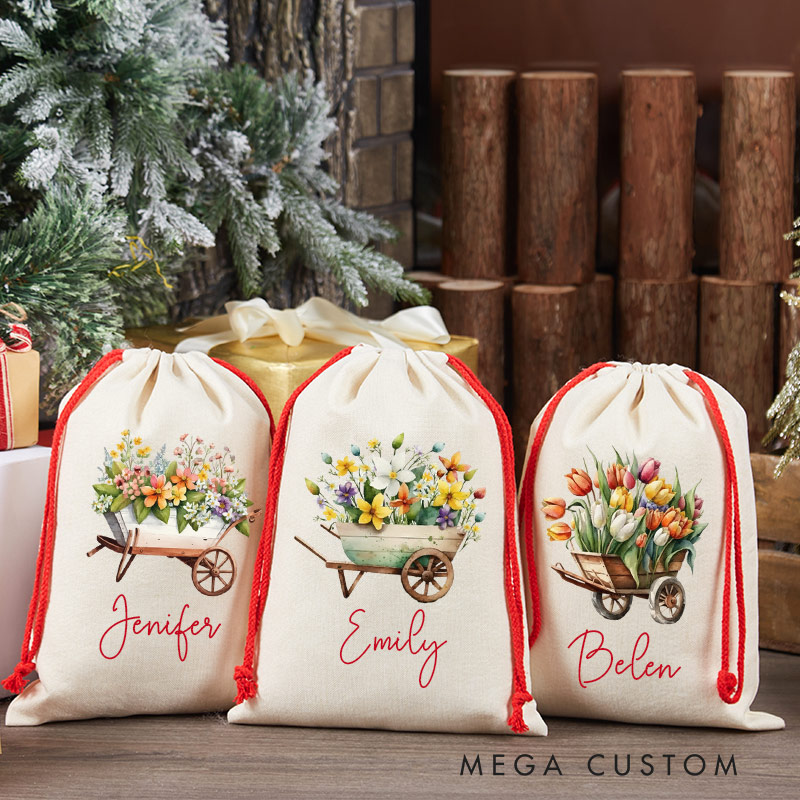 Personalized Christmas Gift Sack Garden Favor Bags Wheelbarrow Floral Design Christmas Gifts