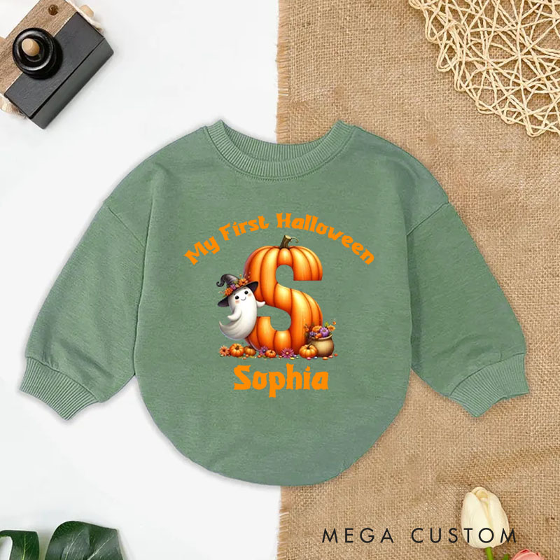 Personalized My First Halloween Baby Bodysuit with Pumpkin and Ghost Design Featuring Name for Festive Memories