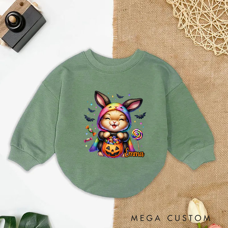 Personalized Halloween Animel Baby Bodysuit with Colorful Costume and Candy Design Featuring Name for Cute Celebrations
