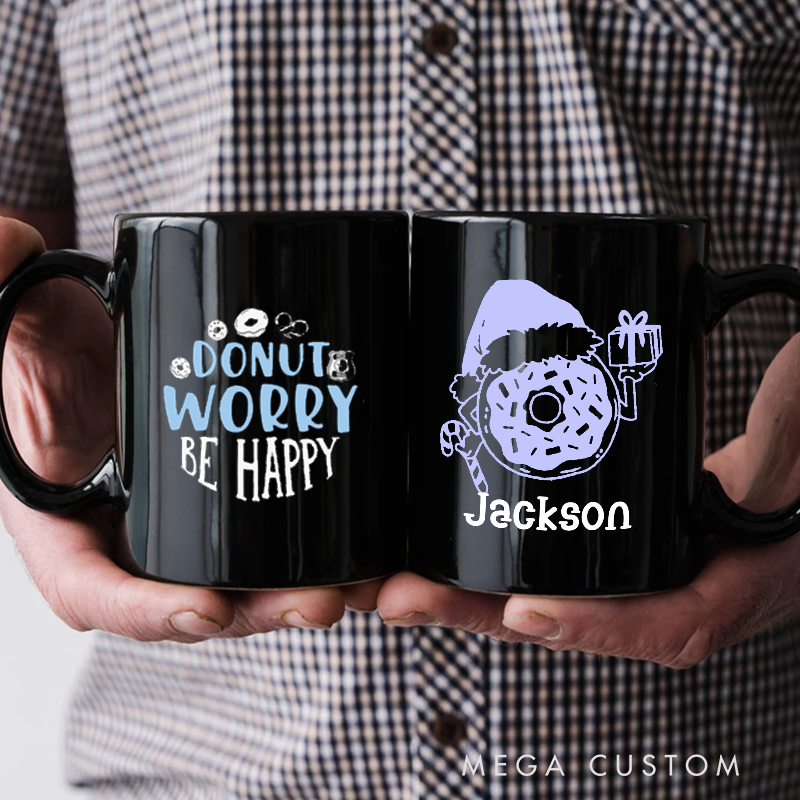 Personalized Police Themed Mug with Donut Worry Be Happy Design and Custom Name Unique Gift for Police Officers