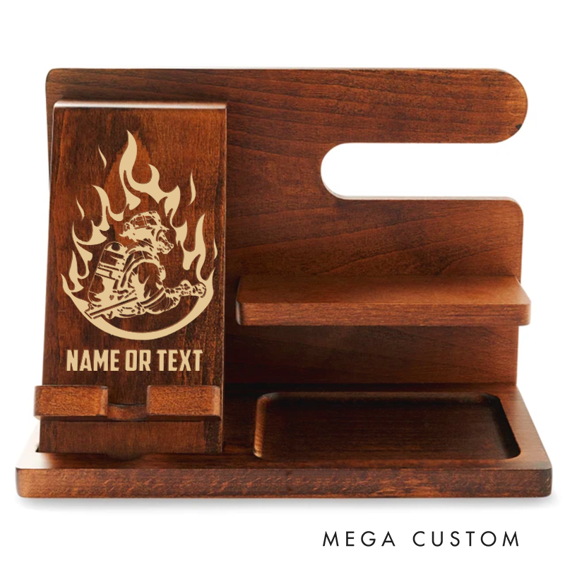 Personalized Firefighter Themed Wooden Desk Phone Stand Gift for Firefighters