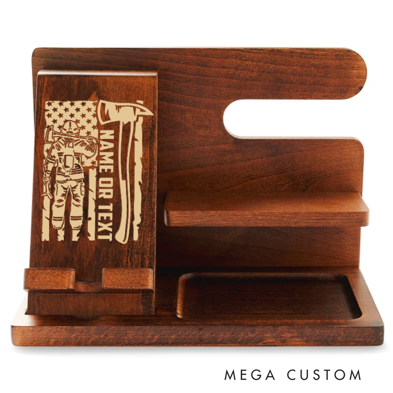 Personalized Firefighter Themed Wooden Desk Organizer with American Flag Design Gift for Firefighters