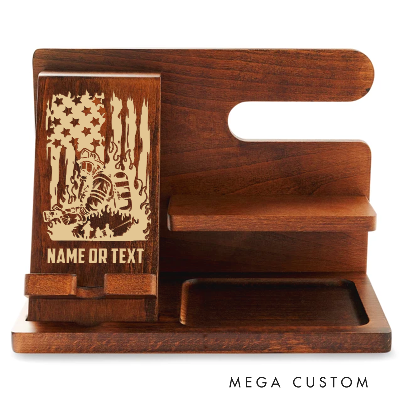 Personalized Firefighter Themed Wooden Desk Organizer with Flag and Fire Design Gift for Firefighters