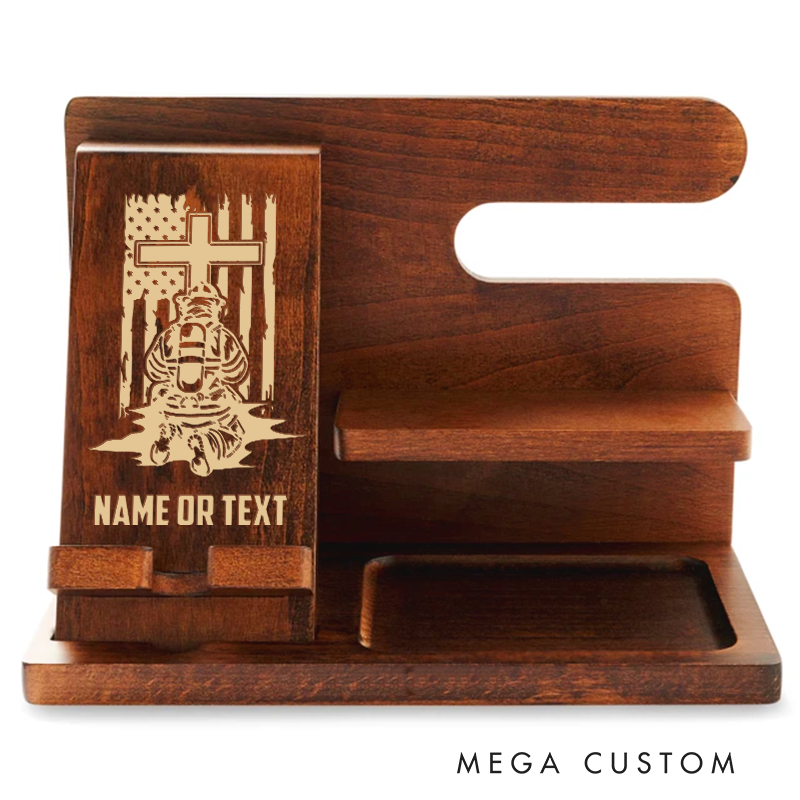 Personalized Firefighter Themed Wooden Desk Organizer with Cross and Flag Design Gift for Firefighters