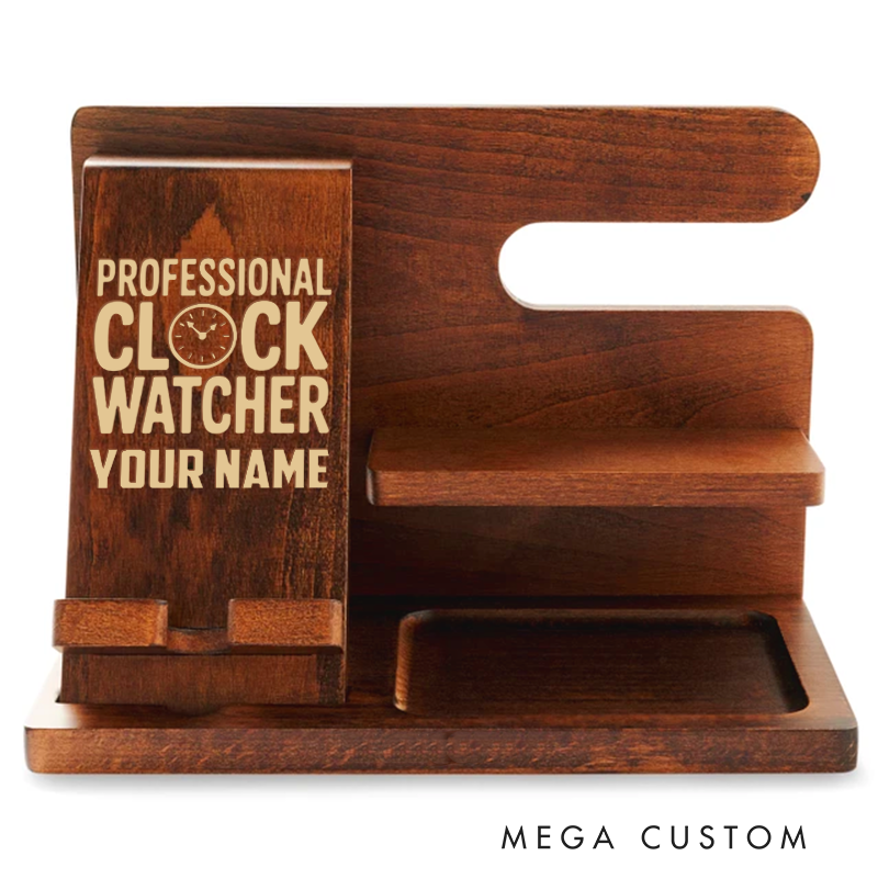Personalized Wooden Desk Organizer with Professional Clock Watcher Design Gift for Office Workers