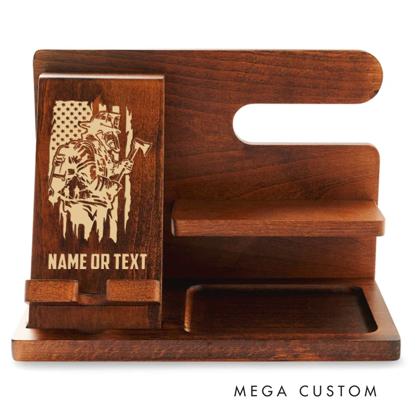 Personalized Firefighter Themed Wooden Desk Organizer with Brave Firefighter and Flag Design Gift for Firefighters