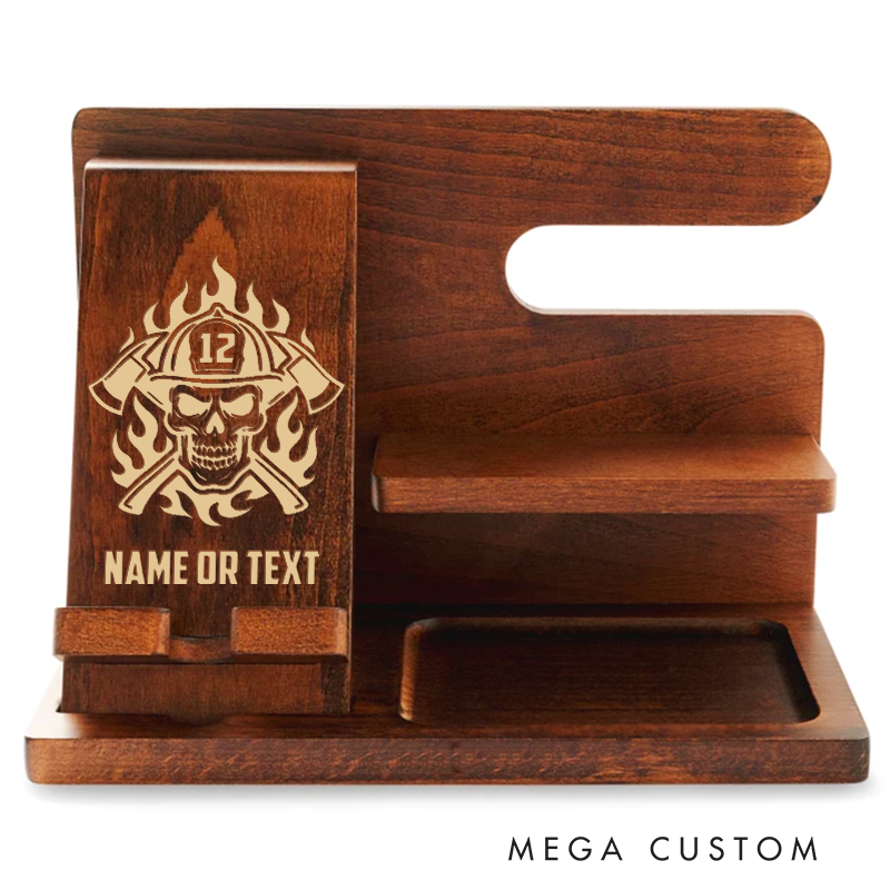 Personalized Firefighter Themed Wooden Desk Organizer with Skull and Axe Design Gift for Firefighters