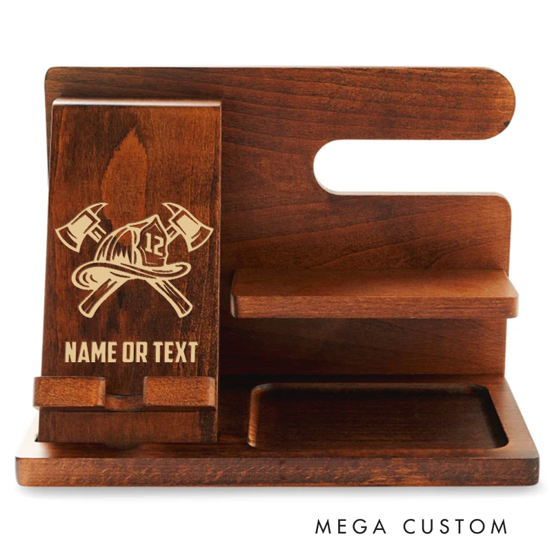 Personalized Firefighter Themed Wooden Desk Organizer with Firefighter Helmet and Axe Design Gift for Firefighters