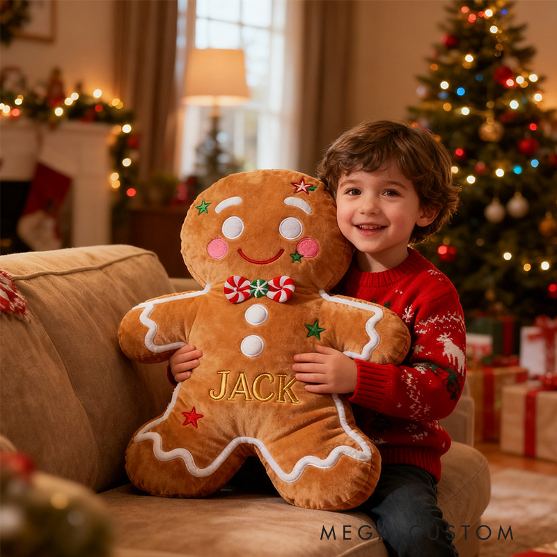 Personalized Gingerbread Man Pillow Custom Name Festive Christmas Decor Cozy Plush Cushion for Kids Holiday Gift Cute Decorative Accent for Home