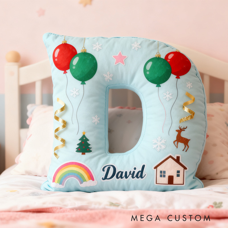 Personalized Holiday Letter Pillow Graphic 3D Print Festive Decorative Cushion for Kids Room Custom Name Design Cozy Gift for Christmas