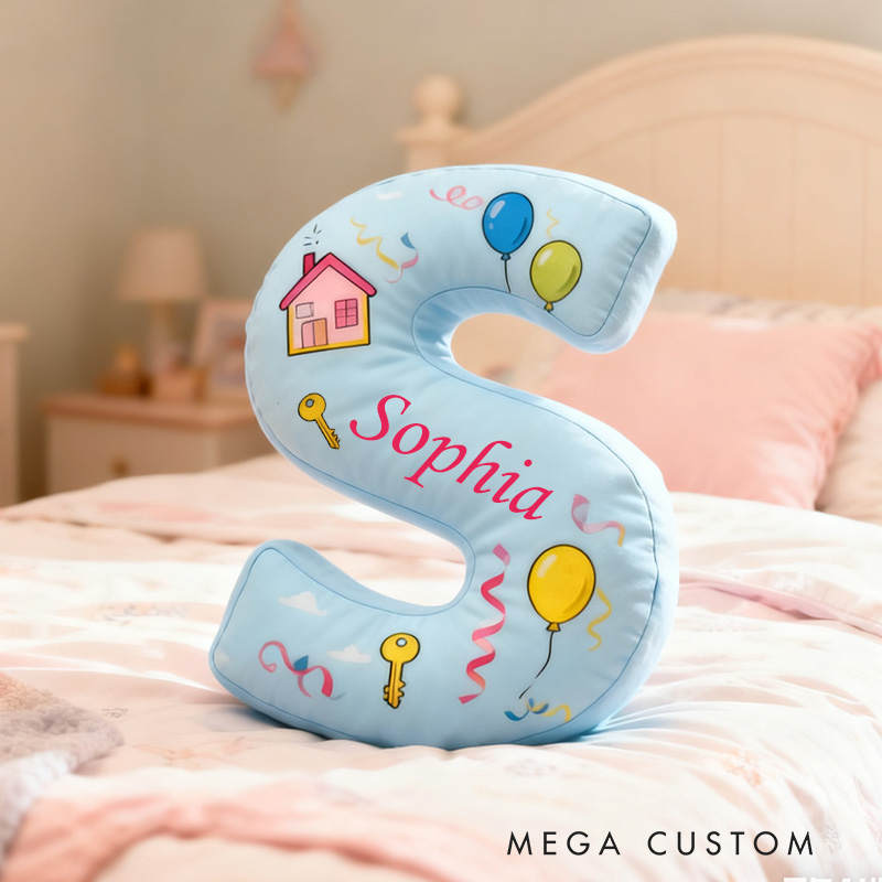 Personalized New Home Letter Pillow Graphic 3D Print Custom Name Design Soft Decorative Cushion with House and Balloon Theme Perfect Gift