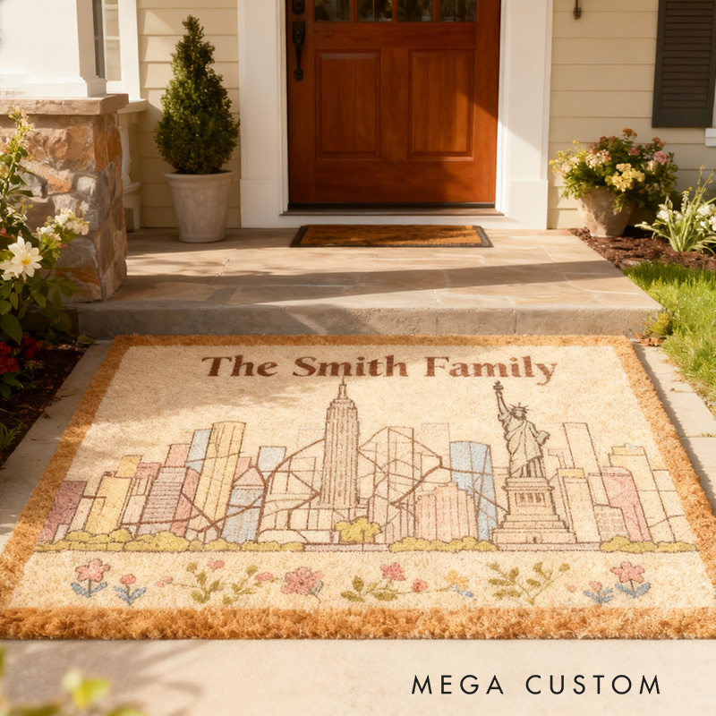 Personalized Cityscape Doormat New York City Skyline Custom Family Name Welcome Mat with Iconic Landmarks Durable Entryway Rug for Home Decor