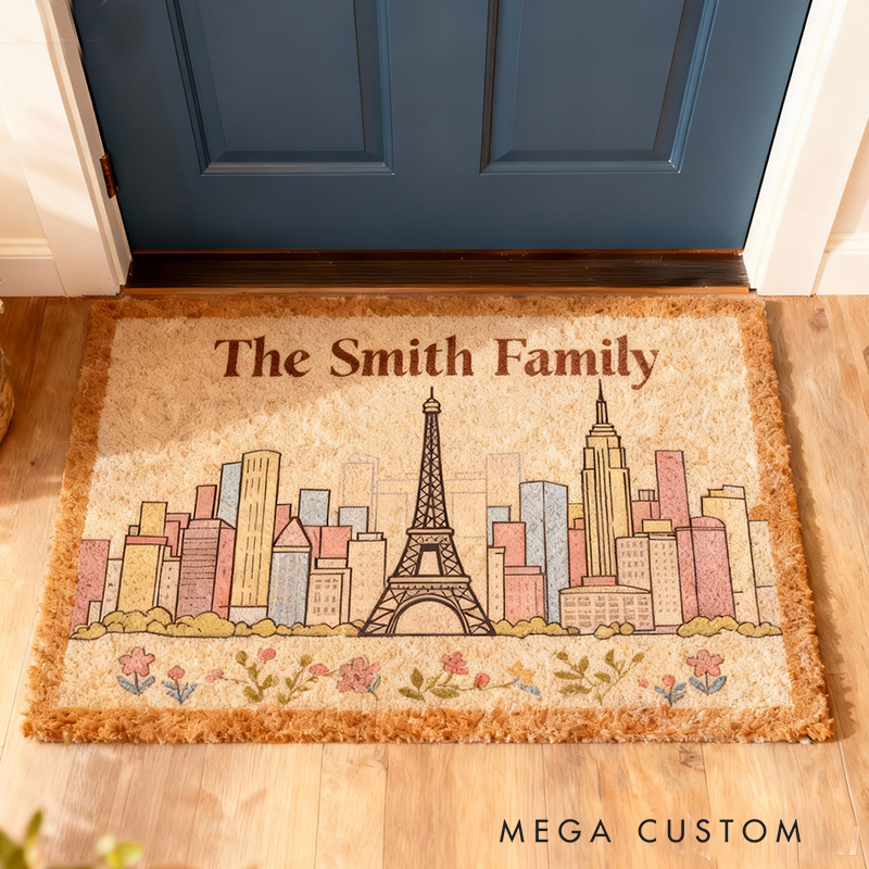 Personalized Family Doormat Custom Name Welcome Mat with Eiffel Tower Cityscape Durable Entryway Rug for Home Decor Front Door Outdoor Indoor Use