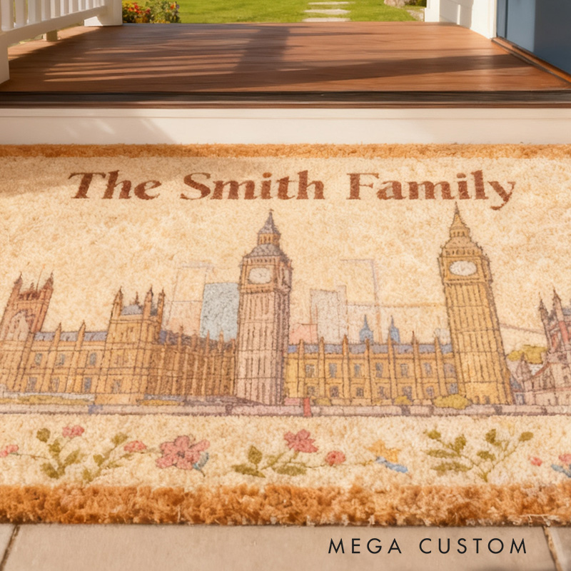 Personalized Family Doormat Custom Name Welcome Mat with London Skyline Durable Entryway Rug for Home Decor Front Door Outdoor Indoor Use