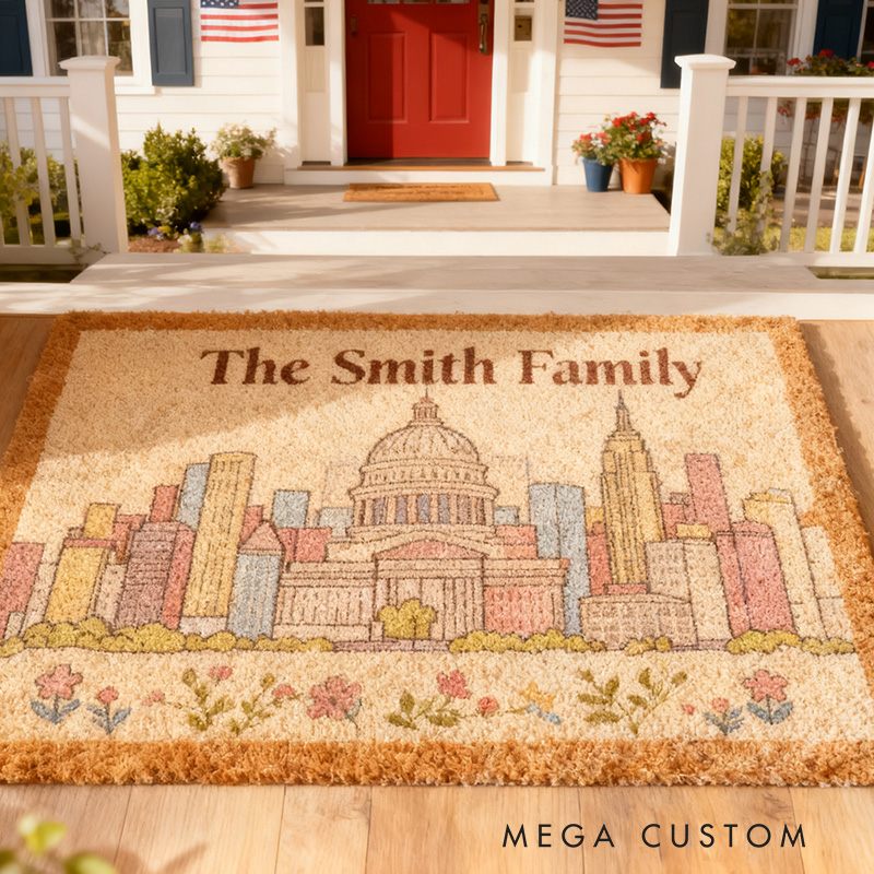 Personalized Family Doormat Custom Name Welcome Mat with Washington Skyline Line Durable Entryway Rug for Home Decor Front Door Outdoor Indoor Use