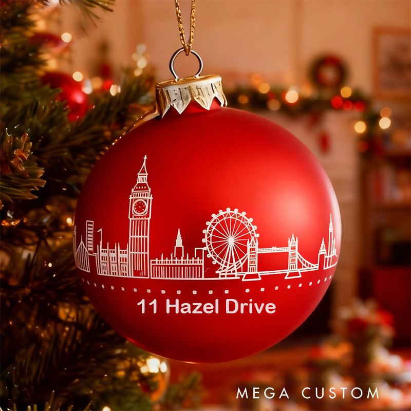 Personalized London Skyline Ornament Custom Address Christmas Ball Holiday Decoration Christmas Tree Bauble with Iconic Landmarks Home Decor