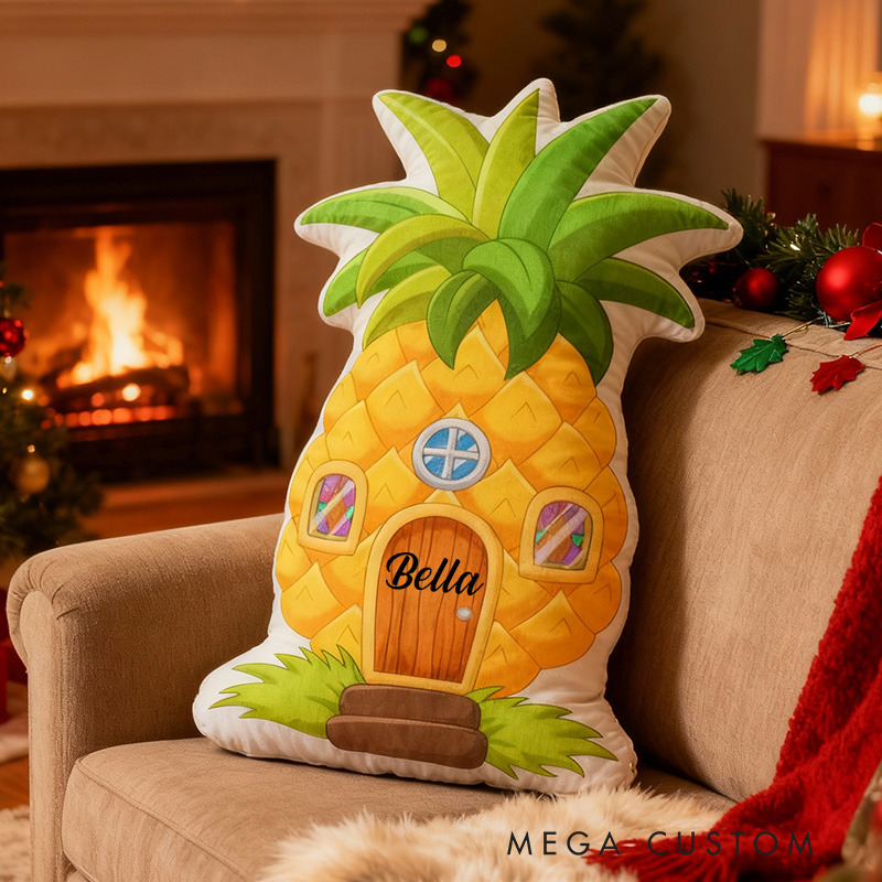 Personalized Pineapple House Pillow Custom Name Tropical Holiday Decoration Fun Christmas Cushion Cozy Keepsake for Kids Room and Seasonal Home Decor
