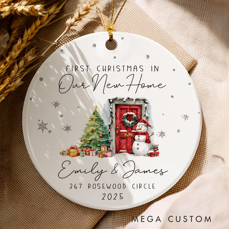 Personalized First Christmas Ornament Custom Names and Address New Home Holiday Decoration Ceramic Keepsake 2025 Festive Gift for Families and Friends
