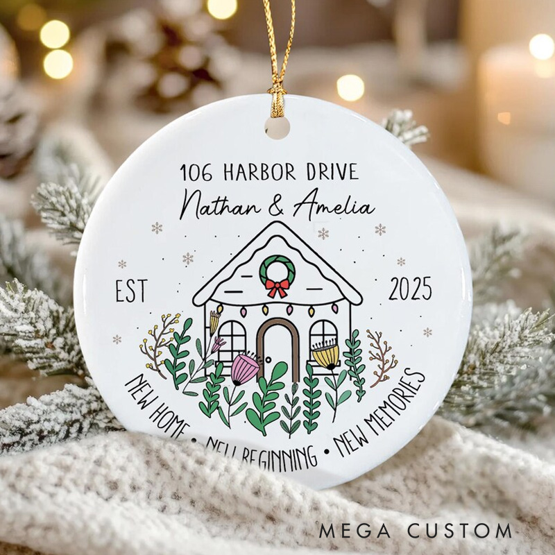 Personalized New Home Ornament Custom Names and Address Ceramic Keepsake Holiday Decoration 2025 New Beginnings and Memories Gift for Homeowners