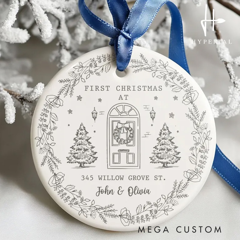 Personalized First Christmas Ornament Custom Names and Address Elegant Ceramic Keepsake Holiday Decoration New Home Gift for Families and Friends
