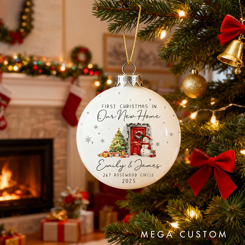 Personalized First Christmas Ball Ornament Custom Names and Address Festive New Home Keepsake Holiday Decoration 2025 Gift for Families