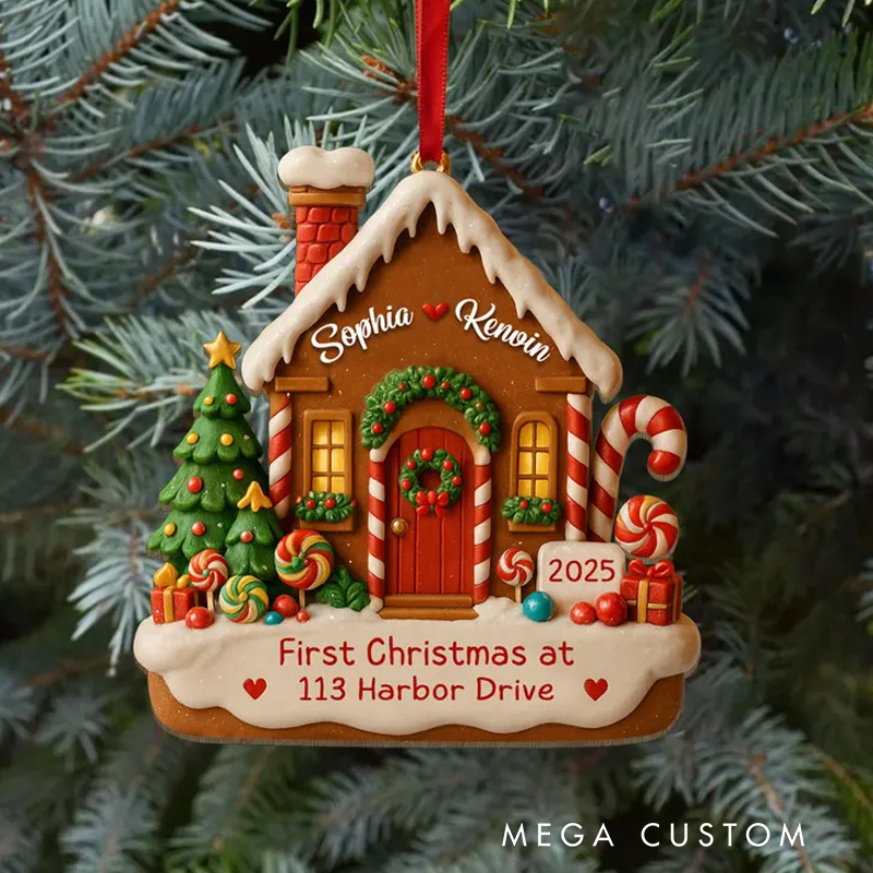 Personalized Gingerbread House Ornament Custom Names and Address First Christmas Keepsake 2025 Festive Holiday Decoration Gift for New Homeowners