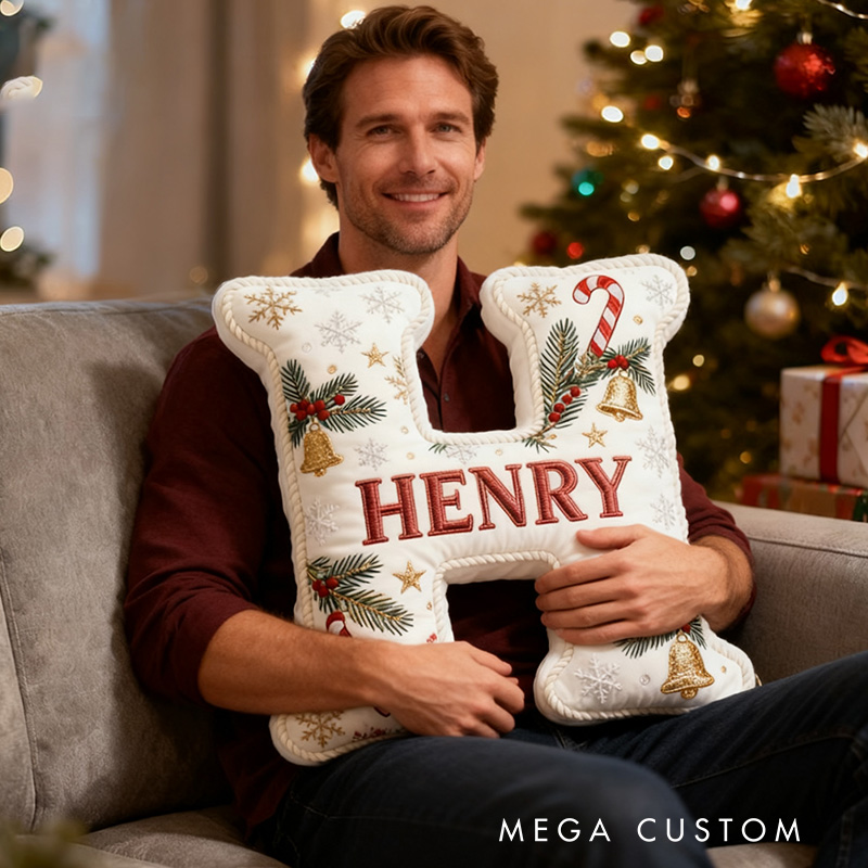 Personalized Christmas Letter Pillow Festive Holiday Decor Candy Cane and Bell Graphic 3D Print Cozy Custom Cushion for Living Room Soft Decorative White