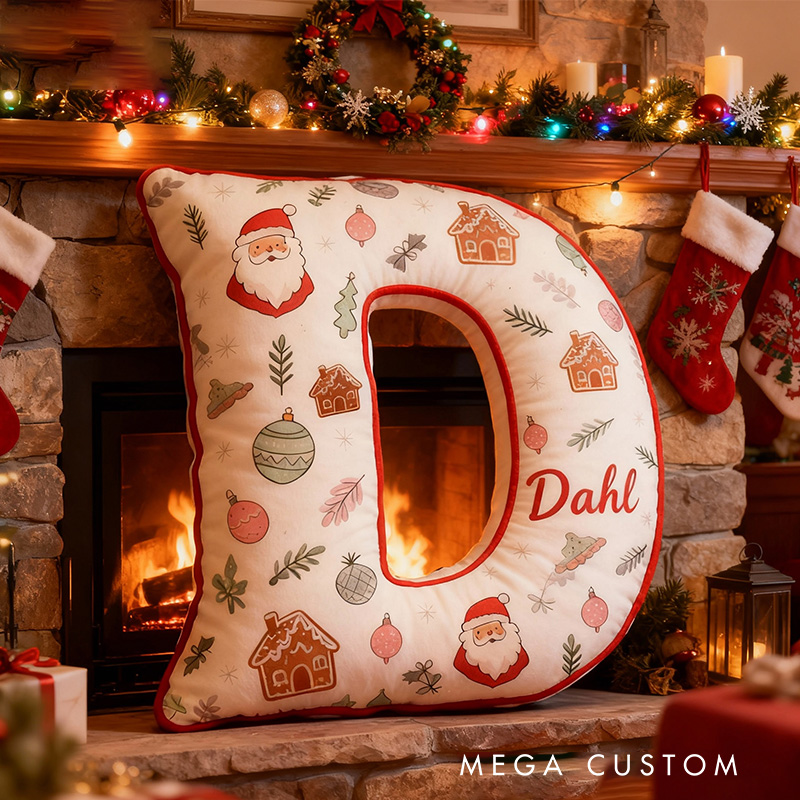 Personalized Christmas Letter Pillow Graphic 3D Print Custom Name Festive Decor with Santa Gingerbread Ornaments Design Soft Home Accent
