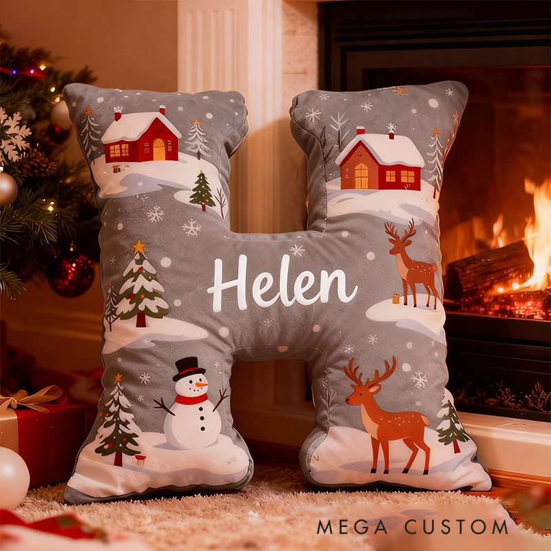 Personalized Christmas Letter Pillow Custom Name Festive Decor with Snowman Reindeer Cabin First Christmas in New Home Gifts Graphic 3D Print 