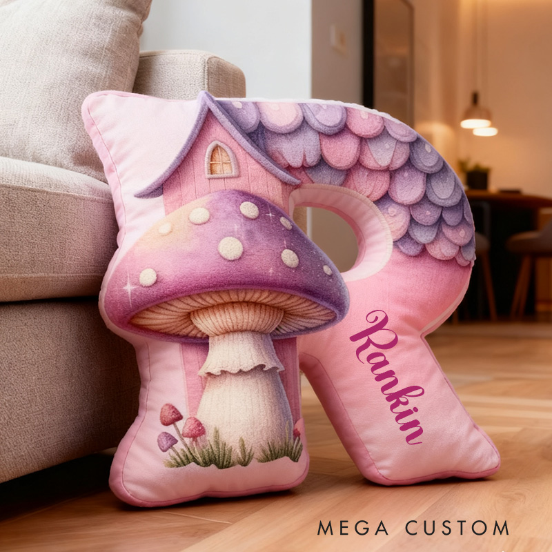 Personalized 26 Letter Housewarming Pillow Graphic 3D Print Custom Name Cozy Home Decor with Enchanting Mushroom House Design Soft Accent Cushion