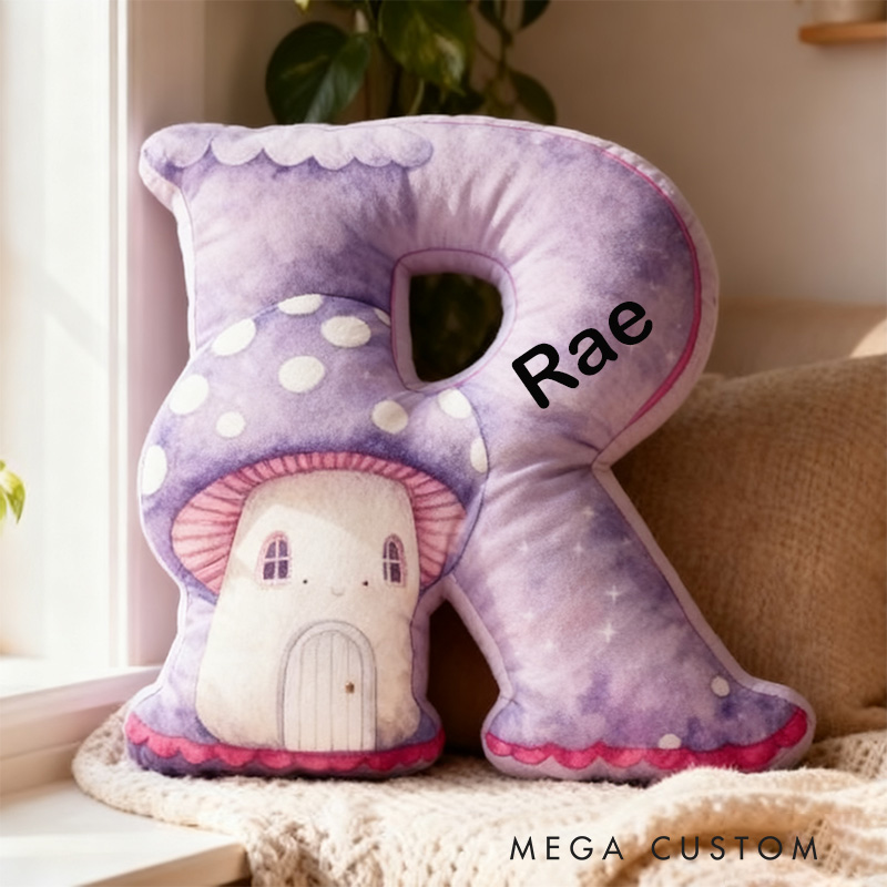 Personalized 26 Letter Pillow Graphic 3D Print Custom Name Cozy Home Decor with Charming Purple Mushroom House Design Housewarming Pillow Gift
