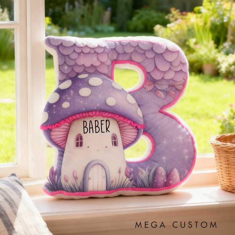 Personalized 26 Letter Pillow Purple Mushroom House Housewarming Pillow Graphic 3D Print Custom Name Cozy Home Decor Soft Accent Cushion