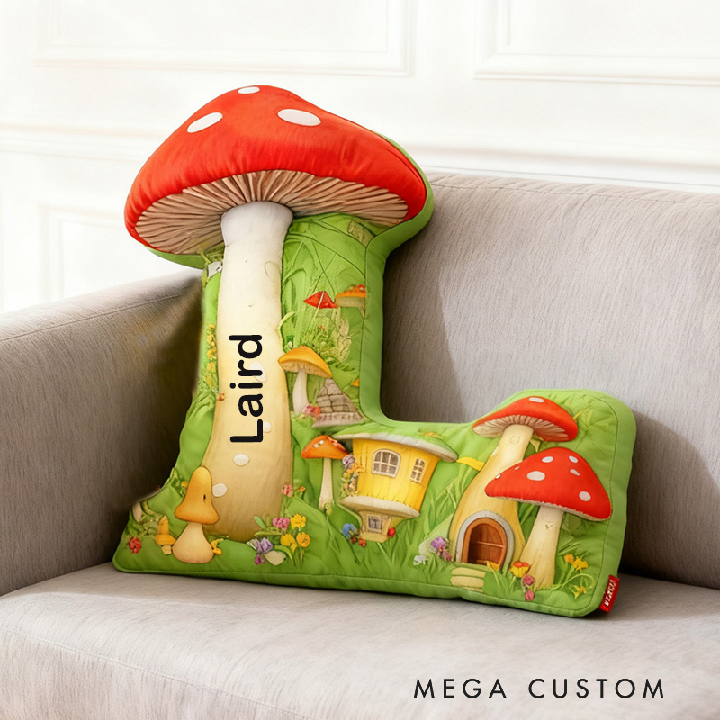 Personalized Housewarming Pillow 26 Letter Pillow Graphic 3D Print Custom Name Cozy Home Decor with Whimsical Mushroom Village Design