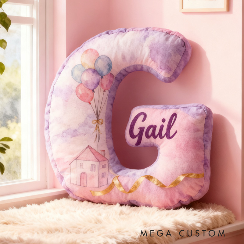 Personalized Purple Letter PillowHousewarming Pillow Graphic 3D Print Custom Name Cozy Home Decor with Dreamy Balloon House Design Soft Accent Cushion