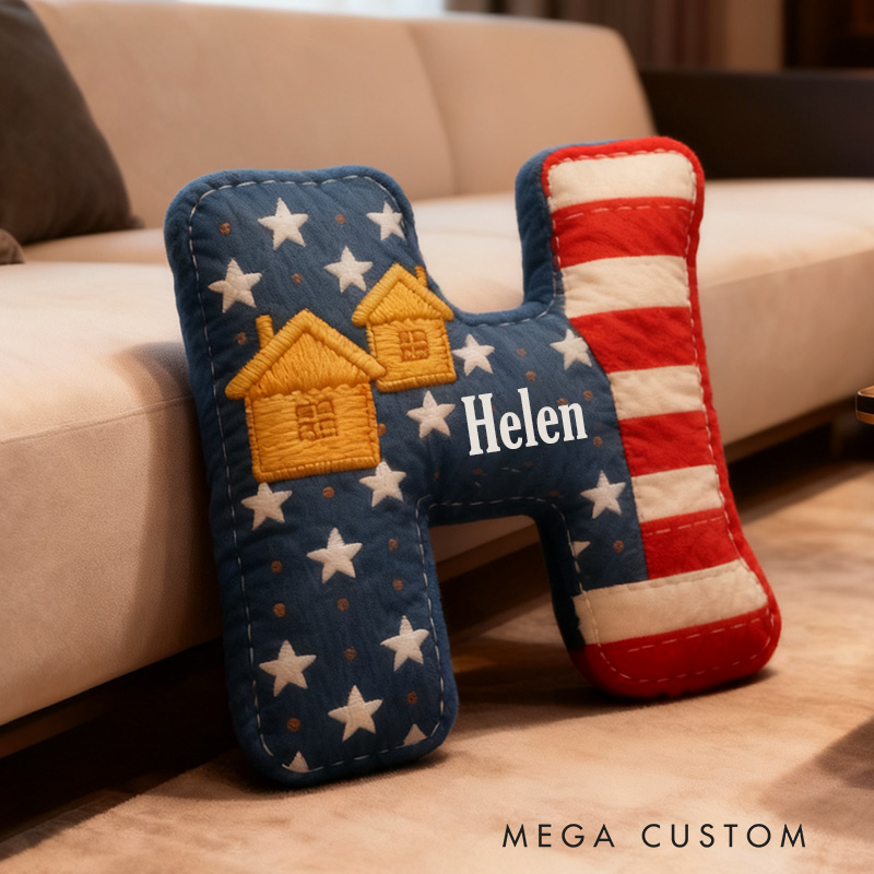 Personalized 26 Letter Pillow Graphic 3D Print Custom Name Cozy Home Decor with Patriotic Stars and Stripes Design Soft Accent Cushion
